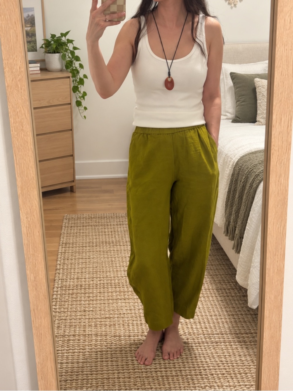 Zara Olive green barrel linen pants with elastic waistband